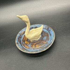 Art Pottery Swan Ring Dish Trinket Holder Bird Figurine Jewelry Blue Signed
